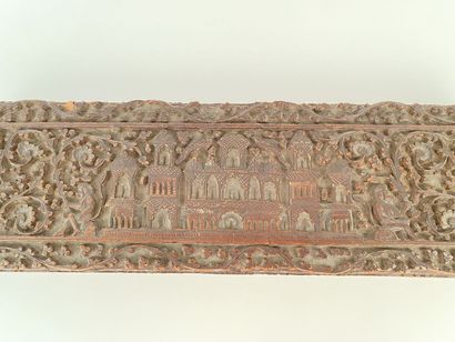 null Rectangular box in carved wood representing a palace flanked by monkeys sitting...