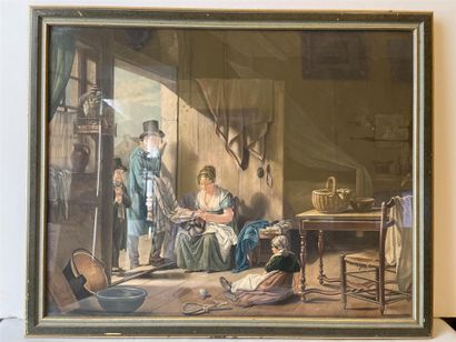 null After Martin DROLLING (1752-1817).

The cloth seller.

Aquatint printed in color.

Signed...