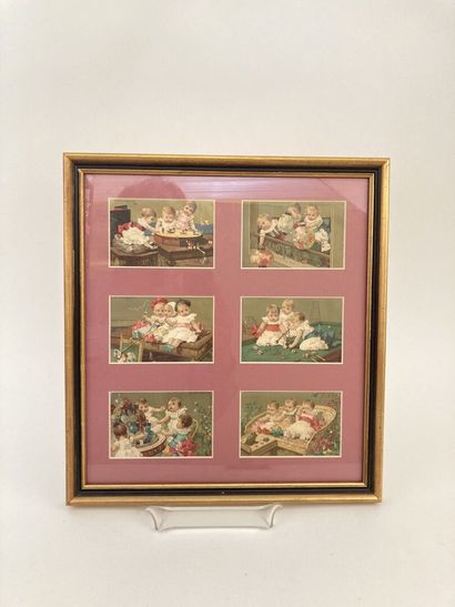 null SET including :

- Set of framed pieces and reproductions representing children,...