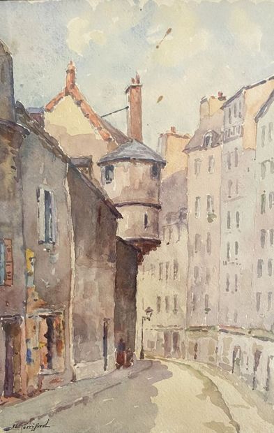 null Six framed pieces, including: 

- View of an alley. Watercolour, signed lower...