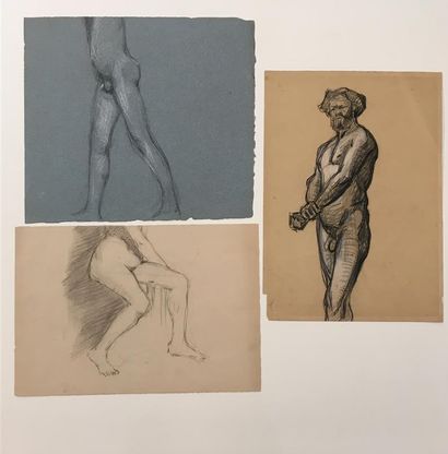 null Set of three anatomical drawings: 

- Walking. Charcoal and chalk on blue paper....