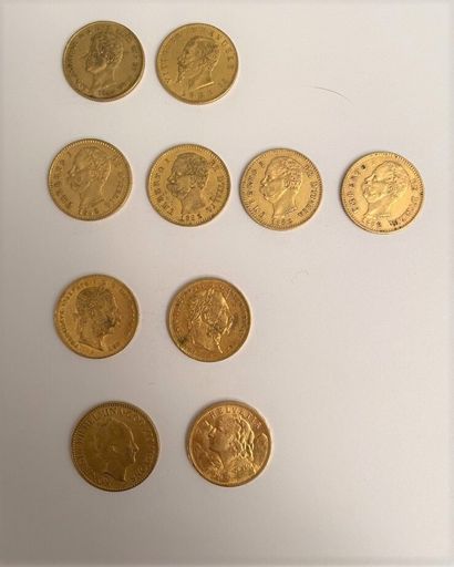 null *10 pièces en or comprenant : 

- ITALIE, 6 pièces de 20 lires de 1844, 1862,...