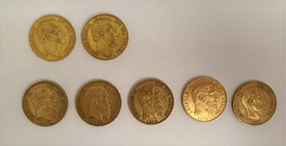 null *Ensemble de 7 pièces de 20 francs blelges en or de 1865 (2), 1870, 1871, 1877...