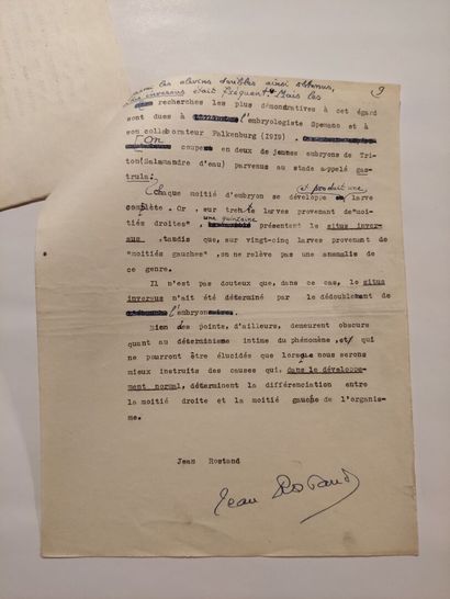 null ROSTAND (Jean) (1894-1977). 2 documents. 		

Tapuscrit signé avec nombreuses...