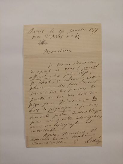 null LITTRÉ (Émille) (1801-1881) 					

Lettre autographe signée, Paris le 19 janvier...