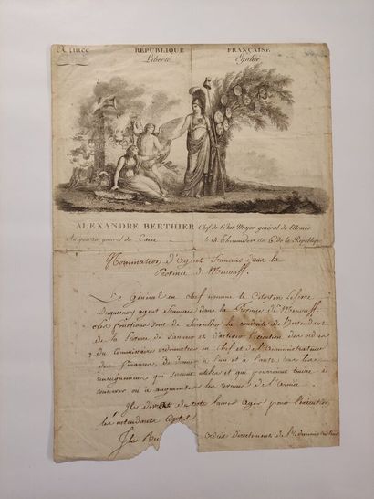null BERTHIER (Alexandre) (1753-1915) 		

Pièce signée par Berthier, chef de l'État-Major...