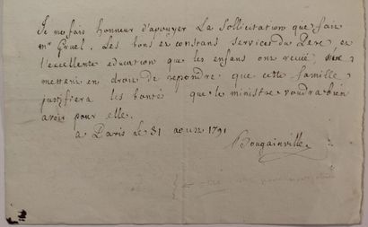 null BOUGAINVILLE (Louis-Antoine de) (17291811) 		

Lettre avec un paragraphe autographe...
