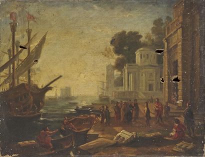 null ECOLE du XVIIIe siècle 

Vue d'un port 

Huile sur toile 

35 x 45,5 cm 

(Accidents,...