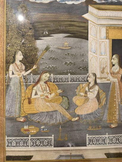 null MINIATURE indienne représentant une scène de palais : deux femmes sur la terrasse...