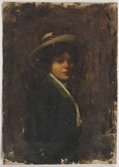null ECOLE FRANCAISE du XIXe siècle 

Portrait de femme au chapeau 

Huile sur toile...