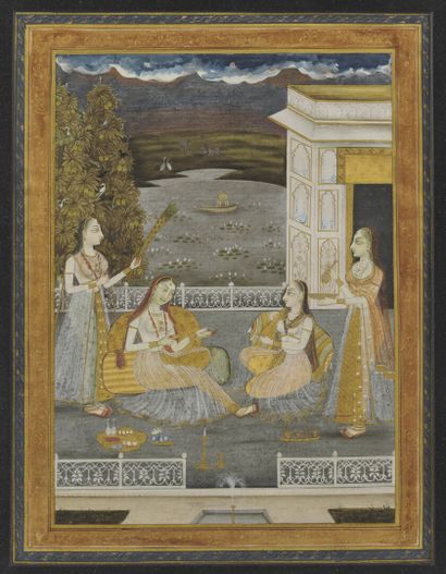 null MINIATURE indienne représentant une scène de palais : deux femmes sur la terrasse...
