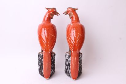 null CHINE 


Deux oiseaux en porcelaine rouge et doré, sur un socle.


H. 28 cm