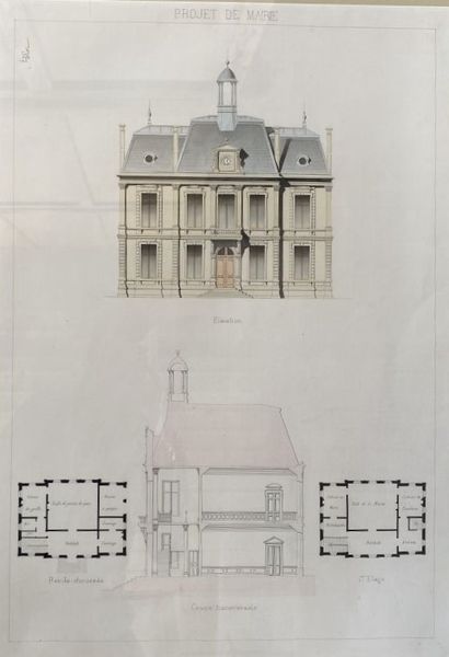 null École du XIXe siècle 

Ensemble de cinq projets d'architecture 

Crayon et aquarelle...
