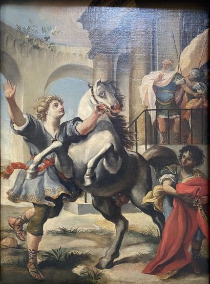 null École italienne du XIXe

Cheval blanc cabré 

Huile sur toile. 

65 x 47,5 ...