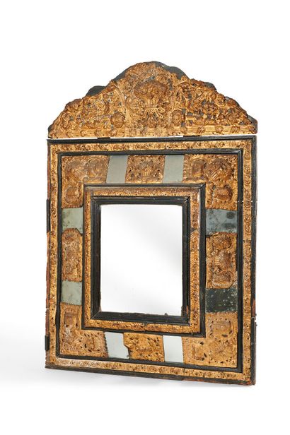 Ebony and copper mirror with glazing and...