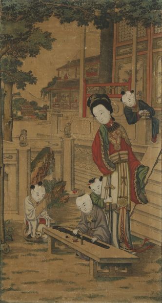  CHINE - Vers 1900 
Cinq panneaux de papier peints imprimés et rehaussés en couleurs...