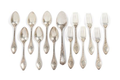 null Eleven silver cutlery and a spoon 950 thousandths decorated with falls of flowers...
