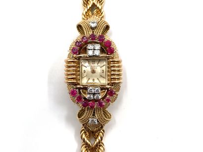 null Ladies' wristwatch in 18k (750) gold, rubies and diamonds. French box not signed,...
