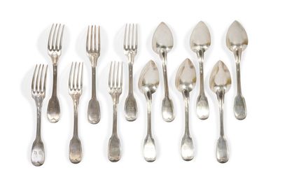 null Six forks and six spoons out of silver 950 thousandth, model nets monogrammed...