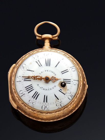 null Yellow gold front winding key pocket watch fully engraved with attributes, fillets...