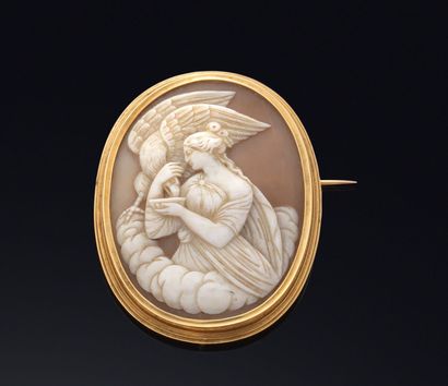 null Brooch of oval form in yellow gold 750 thousandths decorated with a cameo shell...