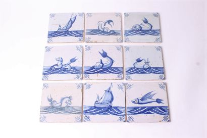 null DELFT

Nine earthenware tiles decorated in blue monsters and boats. 

XVIIIth...