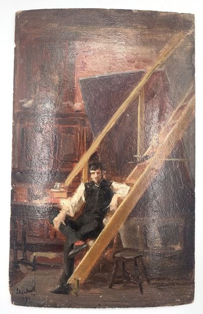 null École française du XIXe siècle 

L'artiste assis sur un escalier 

Huile sur...