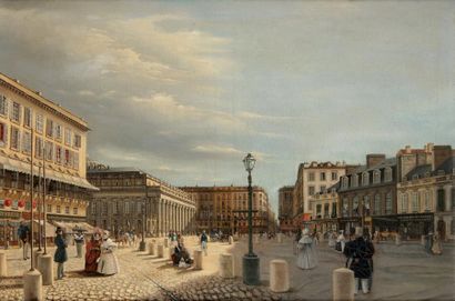 Attribué à Adrien DAUZATS (1808 - 1868) Le Grand Théâtre de Bordeaux et la place...