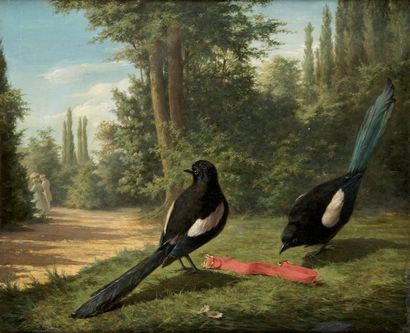 Antoine CONTY (Condrieu 1818 -?) Deux pies dans un parc Sur sa toile d'origine 46...