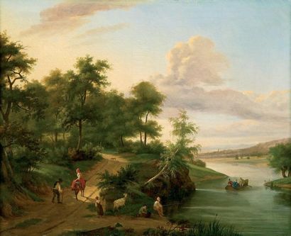 Philippe BUDELOT (Actif en France entre 1793 et 1841) Promeneurs et pêcheurs près...