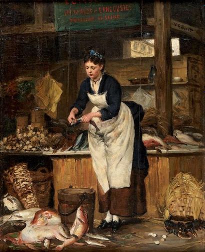 Victor Gabriel GILBERT (Paris 1847- après 1983) La marchande de poissons Papier marouflé...