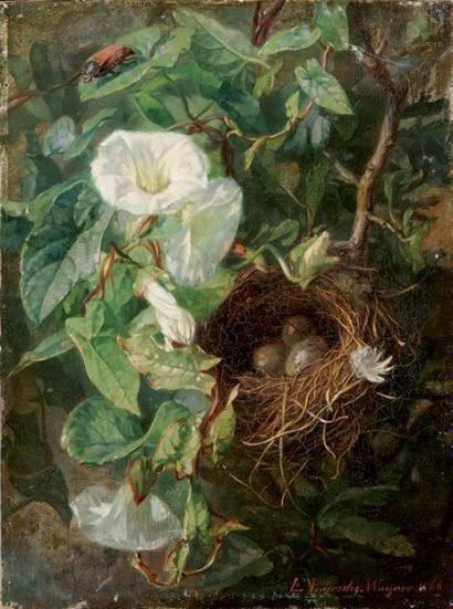 Elise PUYROCHE-WAGNER (Dresde 1828 - Lyon 1895) Nid d'oiseau dans des liserons Sur...