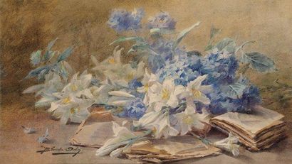 Blanche ODIN (Paris 1865 - 1957) Lys et géranium près d'un livre Aquarelle 54 x 95...