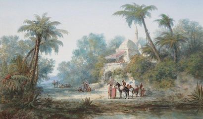 Paul PASCAL (Toulouse 1832-Québec 1903) Cavaliers arabes dans une oasis Aquarelle...