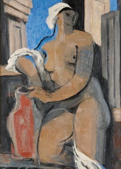 JEAN SOUVERBIE (BOULOGNE BILLANCOURT 1891-1981) Femme à l'amphore. Huile sur toile....