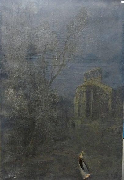 null «Eglise Romane au crépuscule». Huile sur toile. 105 x 158 cm. Déchirure