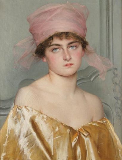 ECOLE FRANÇAISE FIN XIXE SIÈCLE Jeune femme au turban rose. Huile sur toile 65 x...