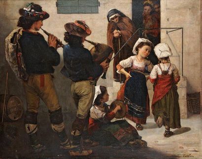 AUGUSTE CARLIEZ (1838-?) Les enfants musiciens. Huile sur toile (rentoilée). Signée...