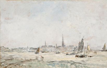 ANTOINE VALLON (LYON 1833-1900 PARIS) Le port d'Anvers, 1870. Huile sur panneau....