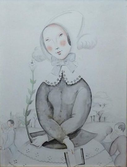 MADELEINE LUKA (1894-1989) Jeune fille au livre Aquarelle et lavis d'encre sur papier....