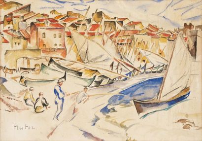 MARIE MELA MUTER (VARSOVIE 1876-1967 PARIS) Pêcheurs et voiliers, Méditerranée Aquarelle...