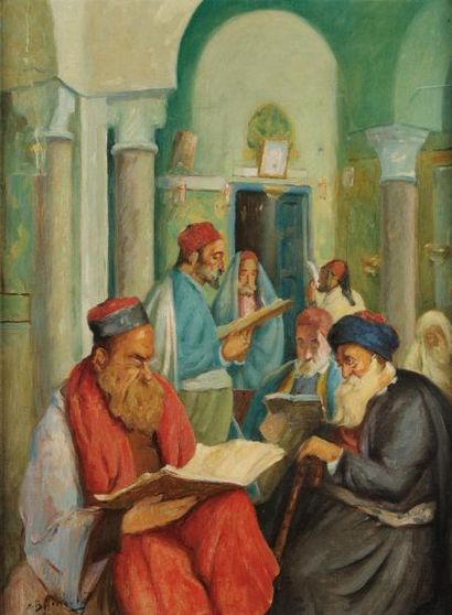 MAURICE BISMOUTH (TUNIS 1891-1965) A la synagogue. Huile sur toile. Signée en bas...