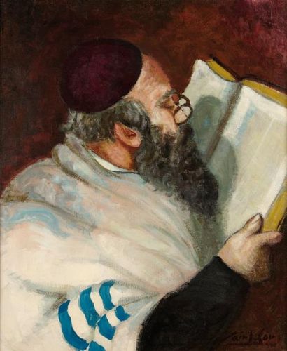 ECOLE JUIVE DU XXÈME SIÈCLE Rabin à la lecture. Huile sur toile Porte une signature...