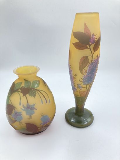 null TWO VASES in multi-layer acid-etched glass decorated with flowers and leaves...