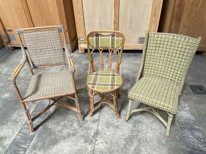null Set of two chairs and a garden armchair mismatched wood and woven polychrome...