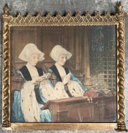 null French school of the end of the 19th century 

Two praying women. 

Print. Bears...