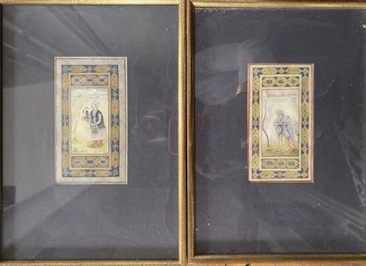 null Set of FOUR framed Persian miniatures representing hunting scenes, palaces,...