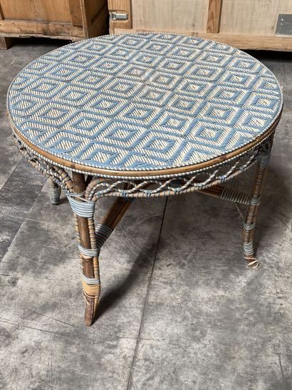 null Round garden table in wood and wicker woven polychrome geometric decoration...