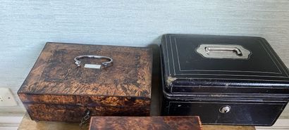 null TWO jewelry and sewing boxes in marquetry and black leather, interior in silk...