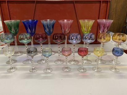 null Set of twenty-one colored glasses, of two different models: 

- six straight...